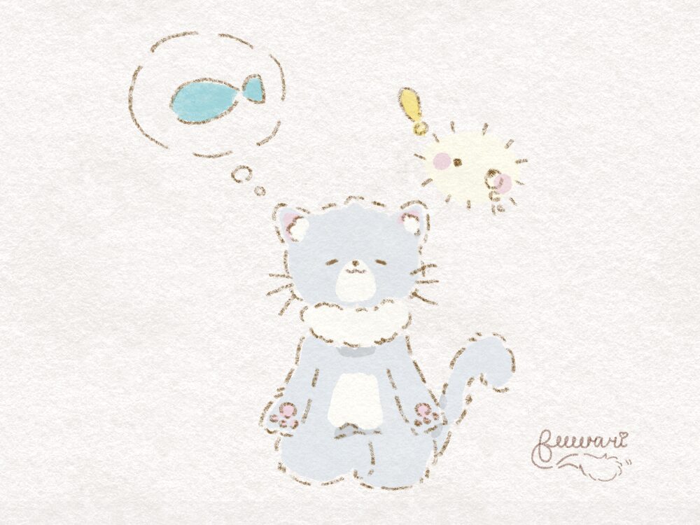 猫のさくが、お魚のことを考えています