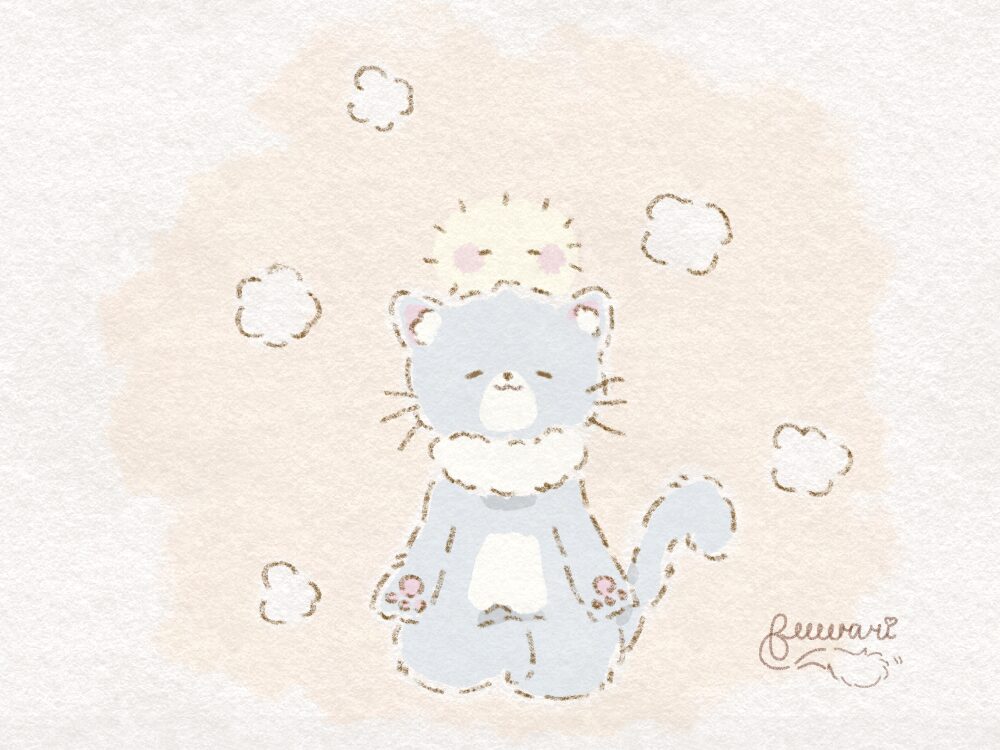 猫の「さく」と「ふわり」が2人で瞑想をしている様子です