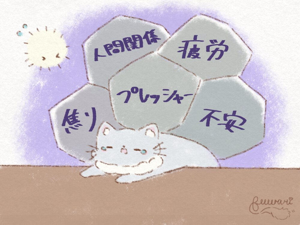 不安やプレッシャーを感じている猫のさくです