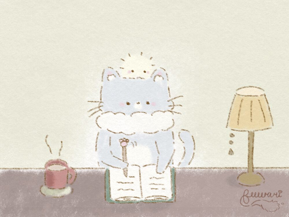 猫のさくが、瞑想日記を書いている様子です
